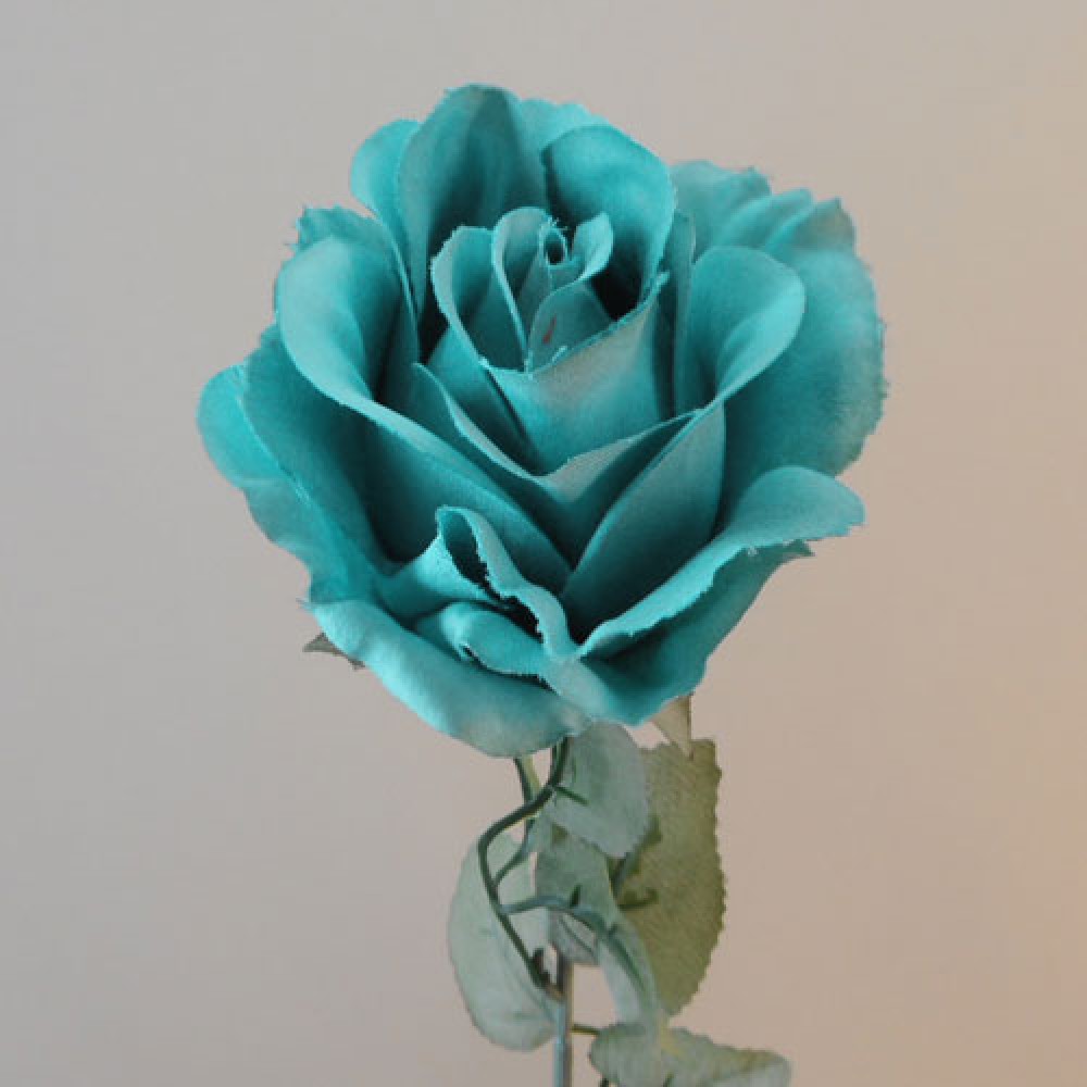 Artificial Roses Teal Blue with Grey Green Leaves 74cm Silk Flowers